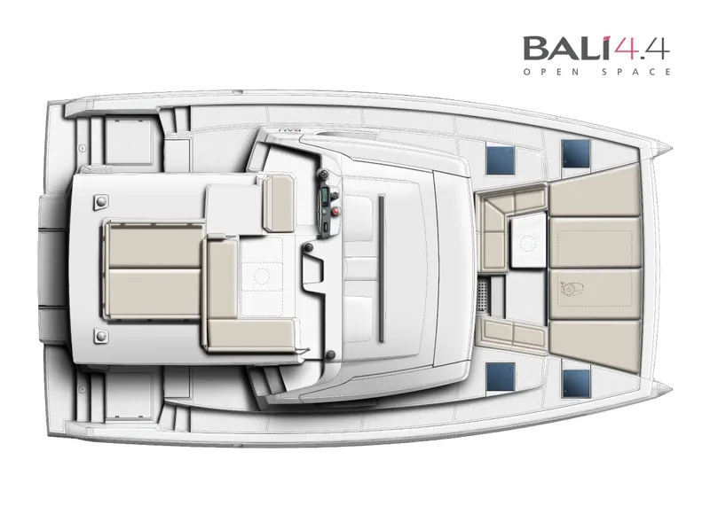 Slide: The Image of Top view of Bali 4.4 catamaran, 2026 model, showcasing open space layout. - 24
