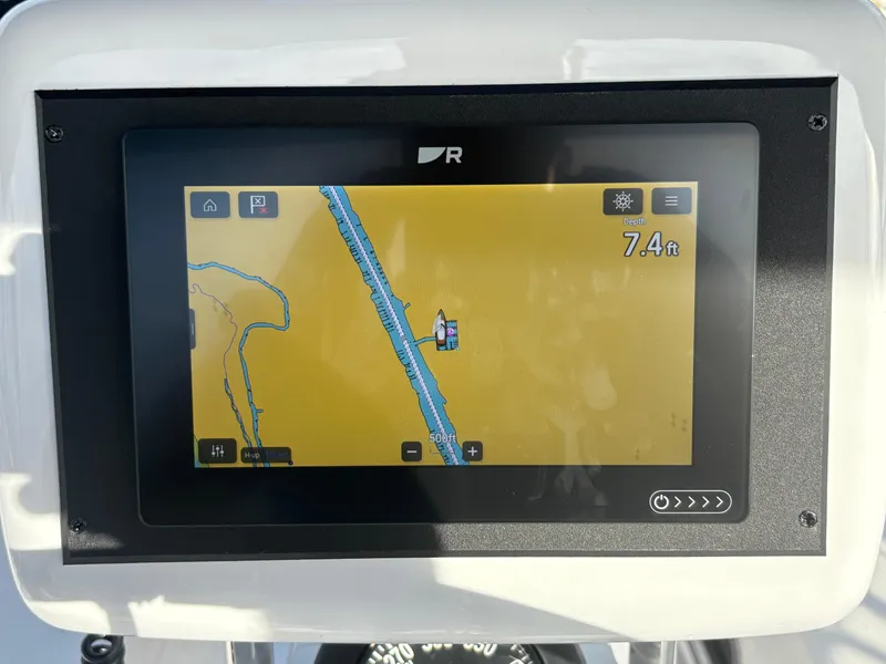 Slide: The Image of Navigation display on a 2011 Catalina 355 showing a depth of 7.4 feet. - 25