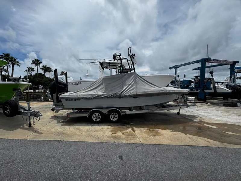 Slide: The Image of 2023 Ranger 2510 Bay boat covered on trailer at marina. - 27