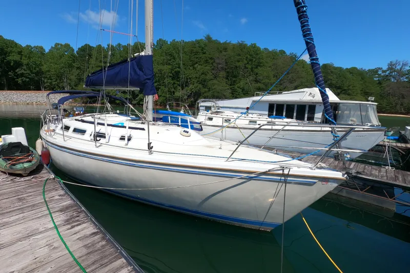 The Image of 1983 Catalina 36 sailboat docked at a marina, surrounded by lush greenery. - 0