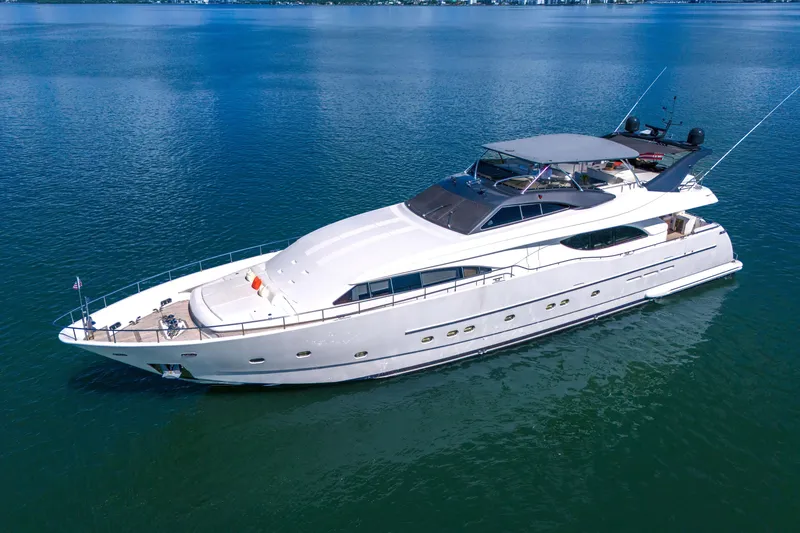 Slide: The Image of Luxurious 2002 Ferretti Yachts Custom Line 94 cruising on serene blue waters. - 25