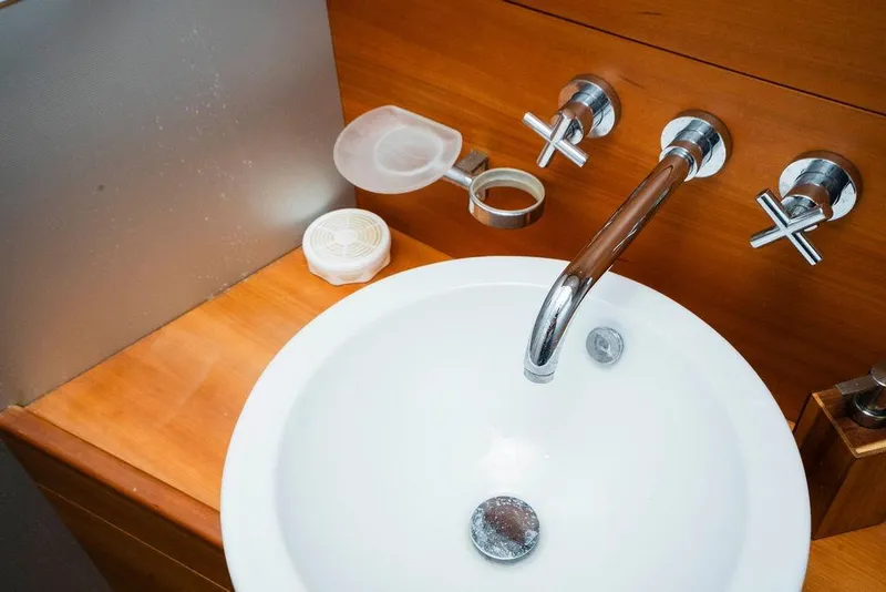 Slide: The Image of Luxury yacht bathroom sink with chrome fixtures, Aicon Flybridge 2006. - 71