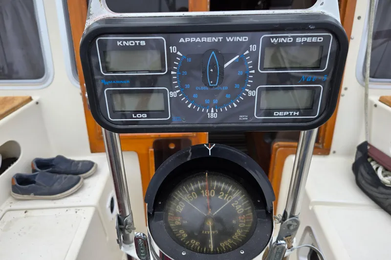 Slide: The Image of Cockpit instruments of a 1987 Saturna 33 sailboat, featuring wind and navigation gauges. - 20