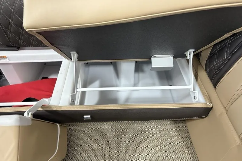 Slide: The Image of Luxurious seating in 2025 Barletta L25U pontoon boat, featuring beige leather upholstery. - 13