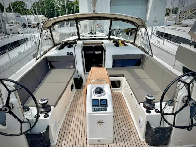 Slide: The Image of 2023 Jeanneau Sun Odyssey 440 cockpit with dual steering wheels and spacious seating. - 1
