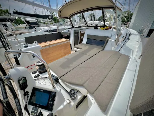 Slide: The Image of 2023 Jeanneau Sun Odyssey 440 sailboat cockpit with modern navigation equipment and comfortable seating. - 14