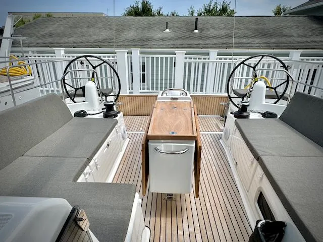 Slide: The Image of 2023 Jeanneau Sun Odyssey 440 yacht deck with dual steering wheels and seating. - 17