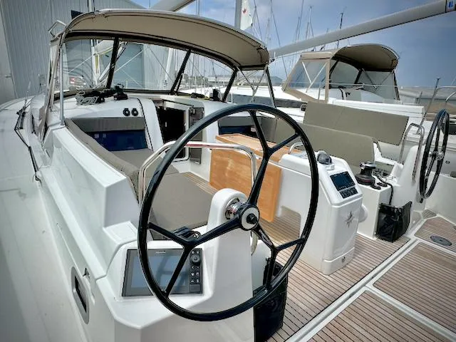 Slide: The Image of 2023 Jeanneau Sun Odyssey 440 yacht cockpit with dual steering wheels and modern navigation equipment. - 19