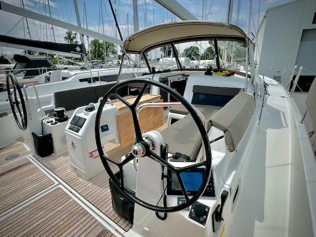 Slide: The Image of 2023 Jeanneau Sun Odyssey 440 sailboat cockpit with dual steering wheels and modern design. - 21
