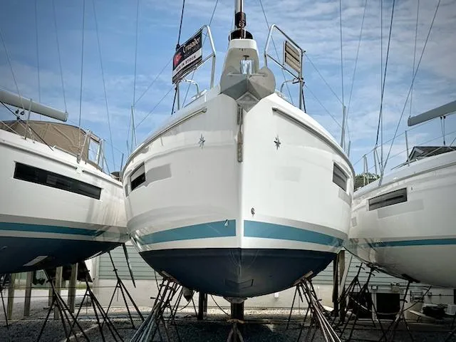 Slide: The Image of 2023 Jeanneau Sun Odyssey 440 sailboat on stands, ready for launch. - 4