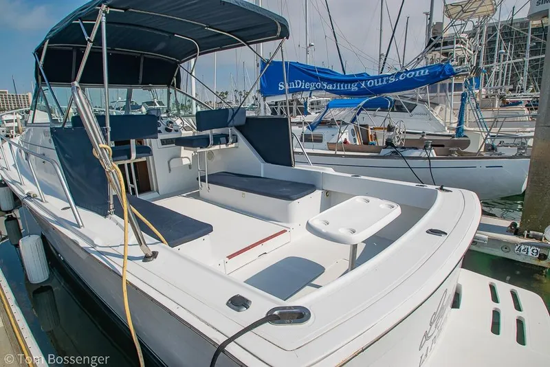 Slide: The Image of 1999 Mainship Pilot 30 boat docked at marina with blue canopy and seating. - 6