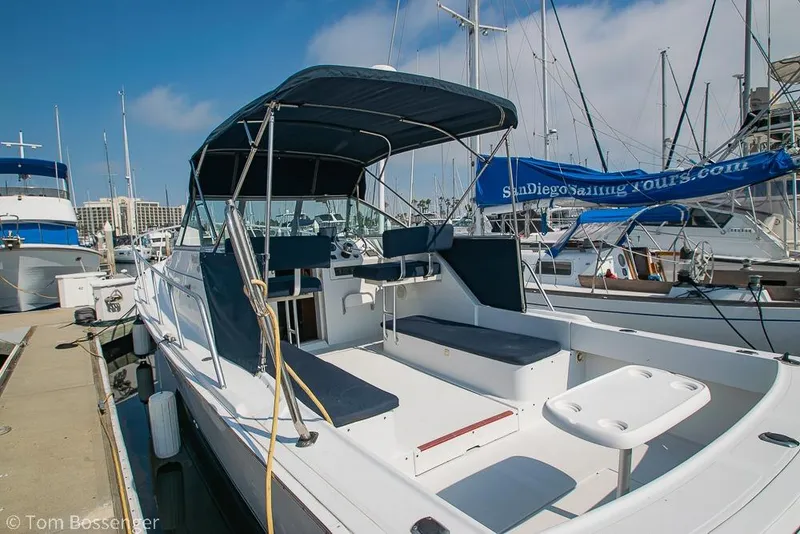 Slide: The Image of 1999 Mainship Pilot 30 docked at marina with blue canopy and seating. - 7