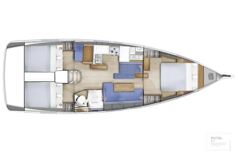 Slide: The Image of 2024 Jeanneau Sun Odyssey 410 interior layout with cabins, kitchen, and seating area. - 27