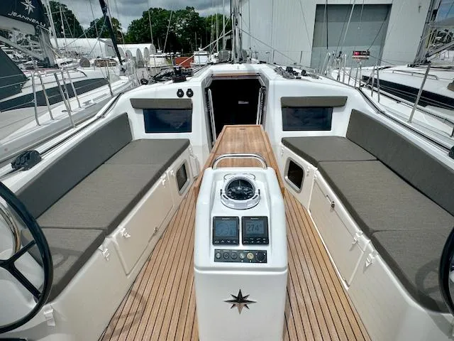 Slide: The Image of 2024 Jeanneau Sun Odyssey 410 yacht cockpit with modern navigation equipment and comfortable seating. - 3