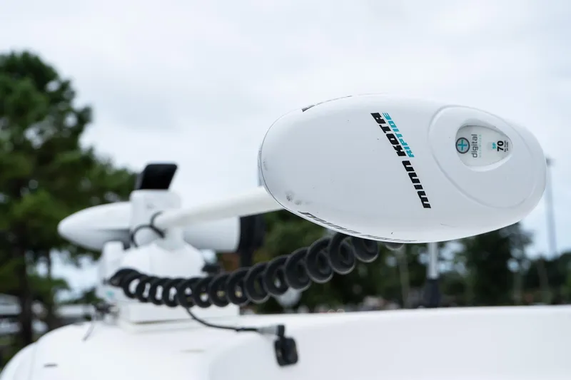 Slide: The Image of Close-up of a Minn Kota trolling motor on a 2015 Carolina Skiff 1980 DLX boat. - 10