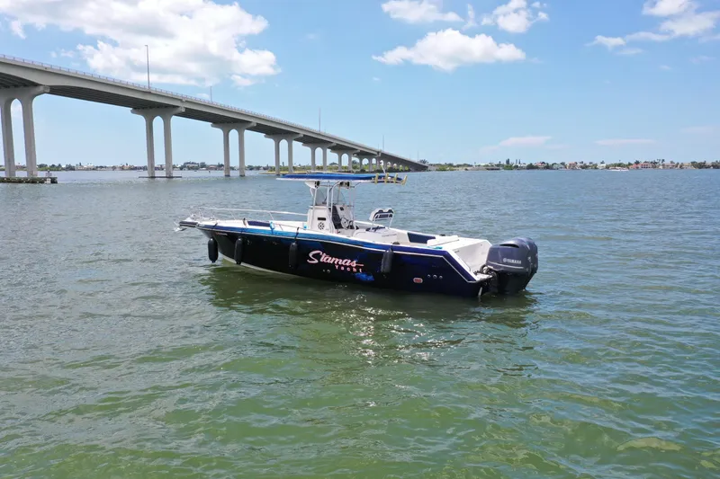 Slide: The Image of 2000 Stamas 290 Tarpon boat on water near a bridge under a clear sky. - 3