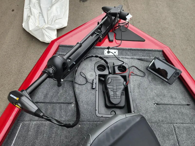 Slide: The Image of 2026 Tracker Pro Team 195 boat deck with trolling motor and fish finder. - 8