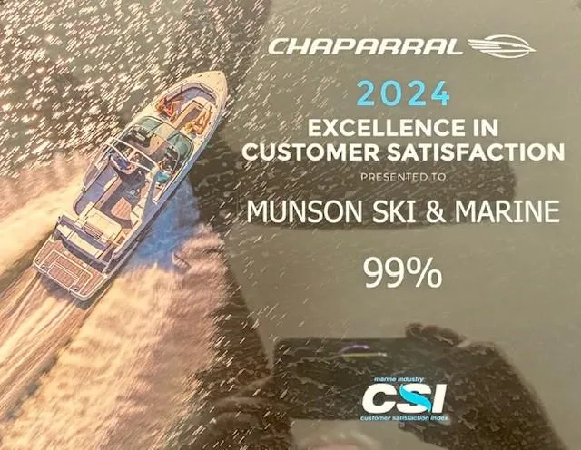 Slide: The Image of Chaparral SSX 6 boat on water, 2024 Customer Satisfaction Award, Munson Ski & Marine, 99% rating. - 3