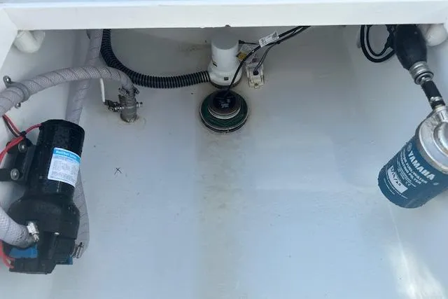 Slide: The Image of Open storage compartment on 2025 Custom Carolina Forbes boat, featuring hydraulic hinges. - 17