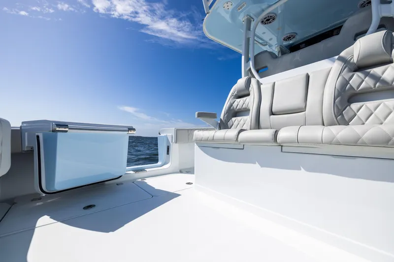 Slide: The Image of 2024 Freeman 35 boat interior with luxurious seating and ocean view. - 38