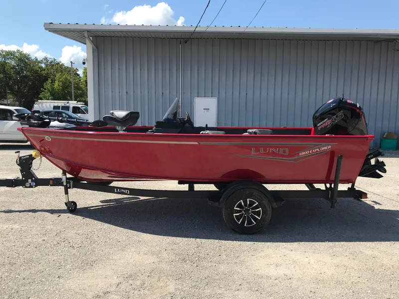 Slide: The Image of Red 2026 Lund 1800 Explorer SS boat with Garmin equipment on trailer. - 3