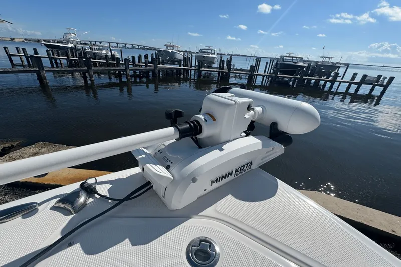 Slide: The Image of Minn Kota Terrova motor on 2021 Everglades 243 CC boat at marina. - 9