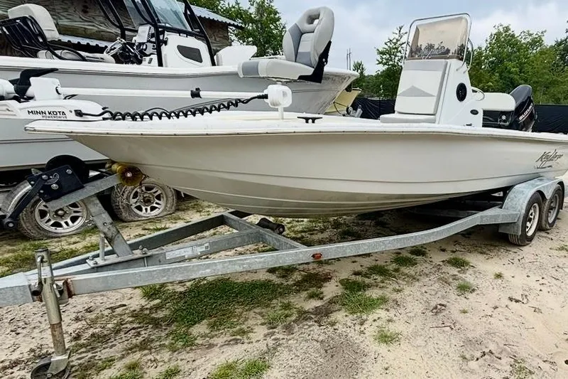 Slide: The Image of 2019 Key Largo 206 Bay boat on trailer, featuring a Minn Kota trolling motor. - 3