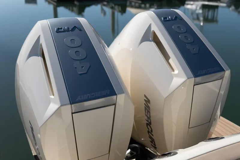 Slide: The Image of Twin Mercury 400 V10 engines on a 2024 Chris-Craft Calypso 32 boat. - 25