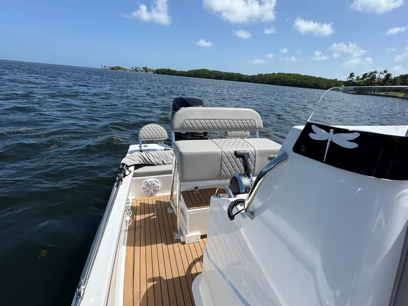 Slide: The Image of 2024 Dragonfly 21 Spanish Wells boat on open water, featuring sleek design and comfortable seating. - 16