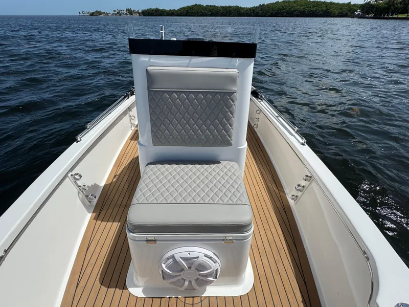 Slide: The Image of 2024 Dragonfly 21 Spanish Wells boat with cushioned seating and teak deck on open water. - 23