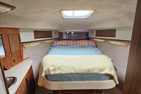 Slide: The Image of 1986 Sea Ray 390 Express Cruiser cabin with bed, wood accents, and skylight. - 16