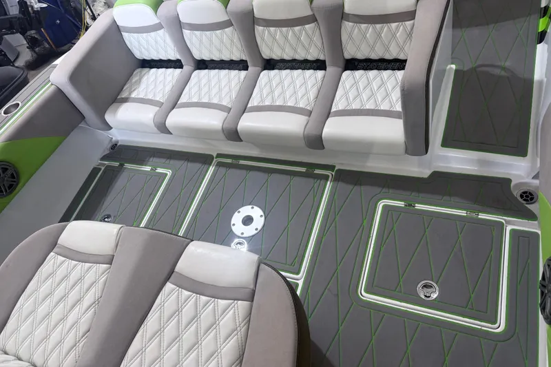 Slide: The Image of Luxurious seating and deck of 2019 Statement 350 Open boat, featuring quilted upholstery. - 10