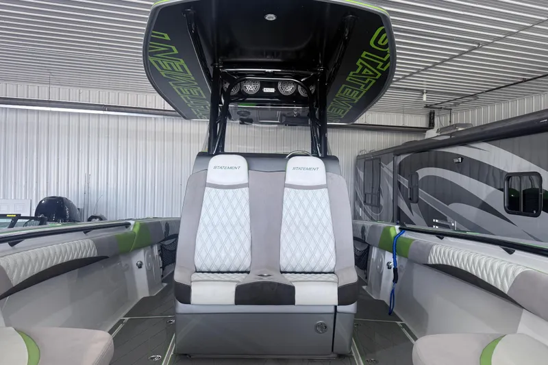Slide: The Image of 2019 Statement 350 Open boat interior with modern seating and sleek design. - 18