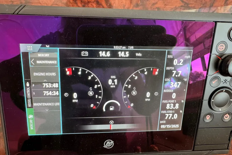 Slide: The Image of Display panel of a 2004 Sea Ray 390 Motor Yacht showing engine and navigation data. - 18