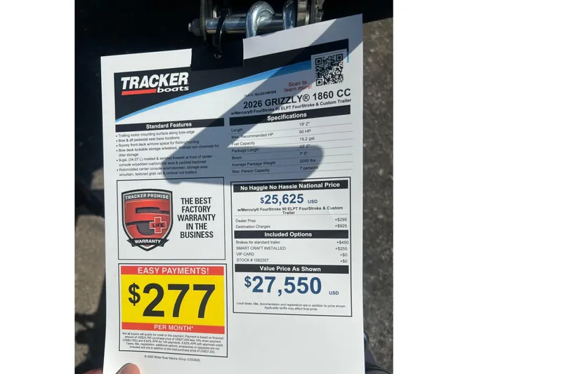 Slide: The Image of 2026 Tracker Grizzly 1860 CC boat price sheet with warranty and payment details. - 7