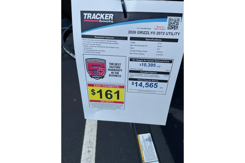 Slide: The Image of 2026 Tracker GRIZZLY 2072 Utility boat pricing and features display. - 20