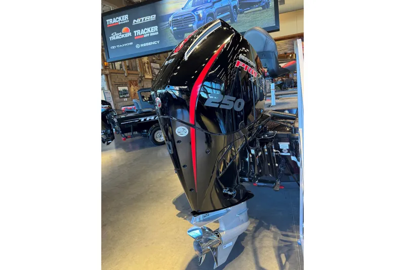 Slide: The Image of 2026 Nitro Z20 XL Pro boat with powerful Mercury 250 Pro XS engine displayed indoors. - 4