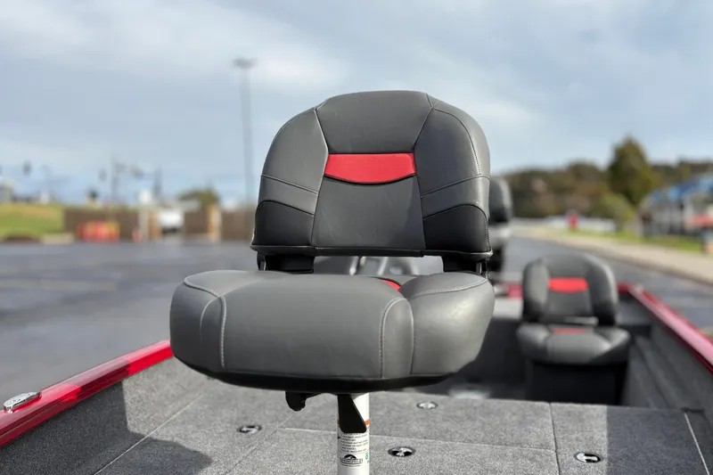 Slide: The Image of 2026 Tracker Pro Team 175 Crappie Edition boat seat, gray with red accents. - 11