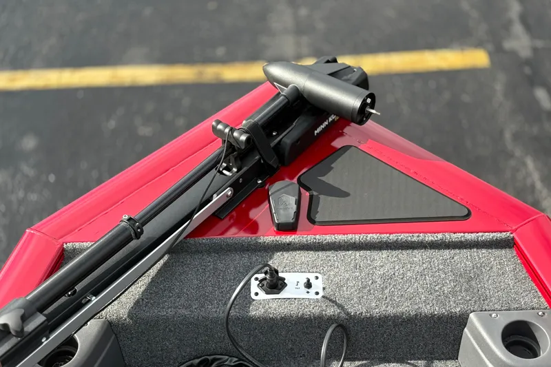 Slide: The Image of 2026 Tracker Pro Team 175 Crappie Edition boat with trolling motor and red accents. - 23