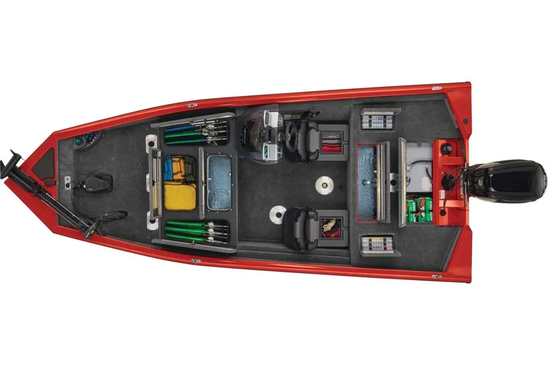 Slide: The Image of 2026 Tracker Pro Team 175 Crappie Edition boat, top view, red exterior, organized interior. - 10