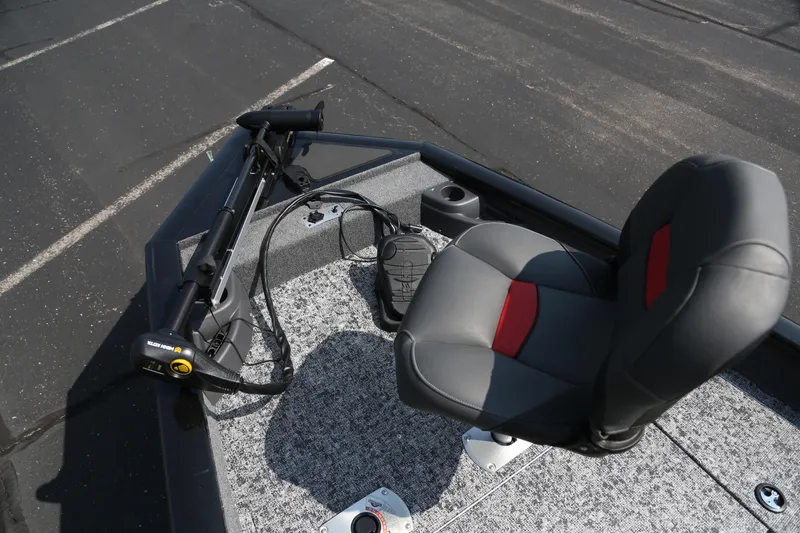 Slide: The Image of 2026 Tracker Pro Team 175 Crappie Edition boat with seating and trolling motor. - 2