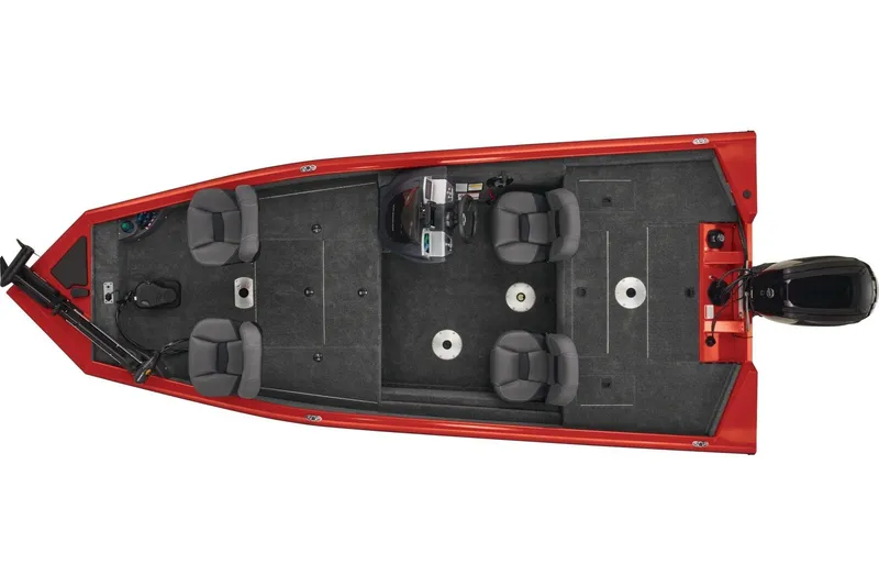 Slide: The Image of 2026 Tracker Pro Team 175 Crappie Edition boat, top view, red exterior, spacious seating. - 9