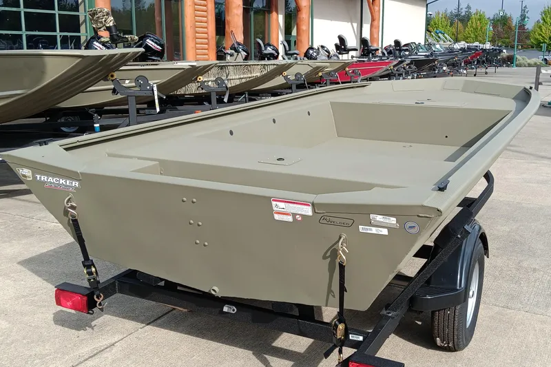 Slide: The Image of 2026 Tracker Grizzly 1754 Utility boat on trailer, displayed outdoors. - 2