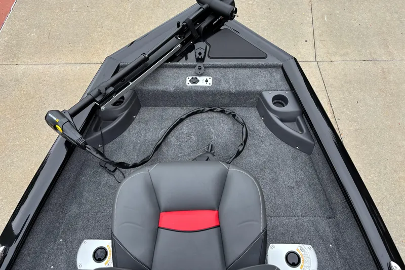 Slide: The Image of 2026 Tracker Pro Team 175 Crappie Edition boat interior with trolling motor and seating. - 3