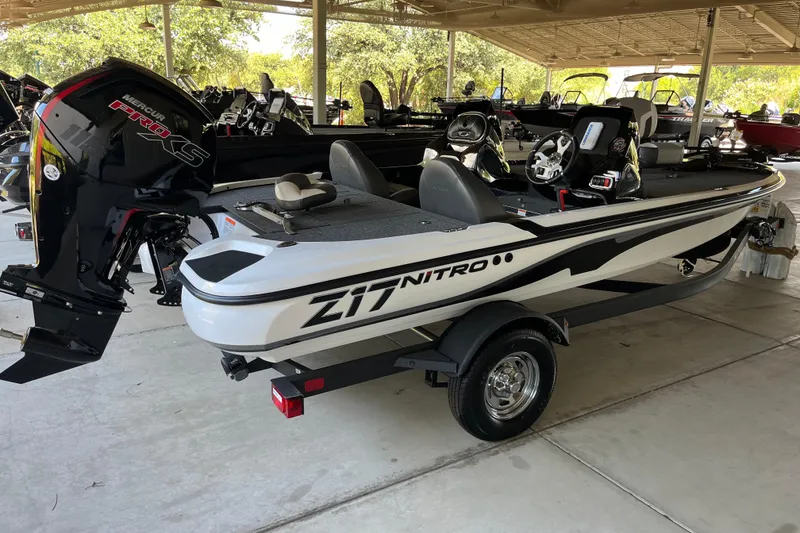 Slide: The Image of 2026 Nitro Z17 boat with Mercury Pro XS engine in showroom display. - 1