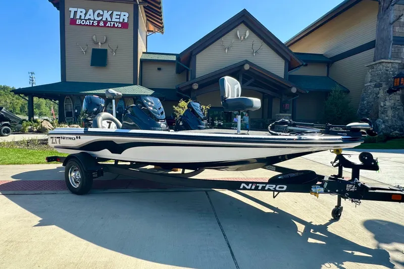 The Image of 2026 Nitro Z17 boat displayed outside Tracker Boats & ATVs store. - 0