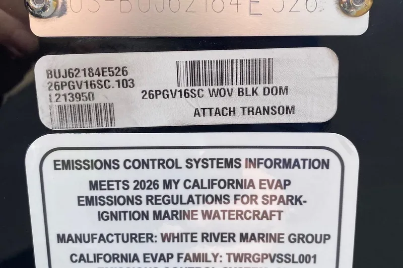 Slide: The Image of 2026 Tracker Pro Guide V-16 SC emissions control label, California compliance details. - 8