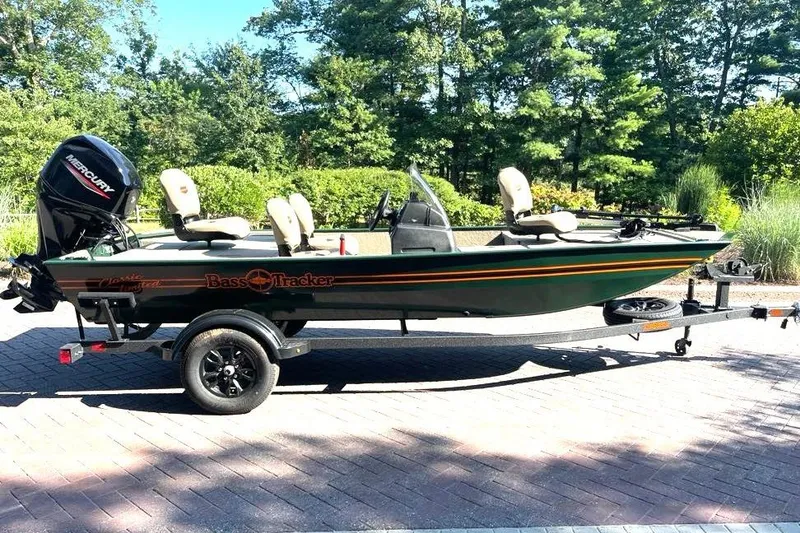 The Image of 2026 Tracker Bass Tracker Classic Limited boat on trailer, parked outdoors. - 0