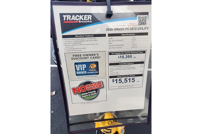 Slide: The Image of Price sheet for 2026 Tracker Grizzly 2072 Utility boat with features and pricing details. - 19