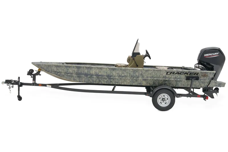 Slide: The Image of 2026 Tracker Grizzly 1860 CC boat interior with camouflage seating and steering console. - 3